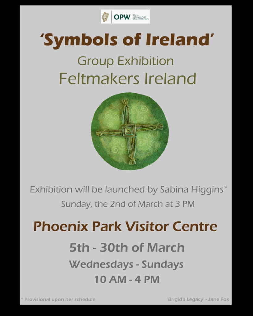 Poster for Feltmakers Ireland's group exhibition 'Symbols of Ireland' - Artwork a green felted Brigid's Cross by member Jane Fox.