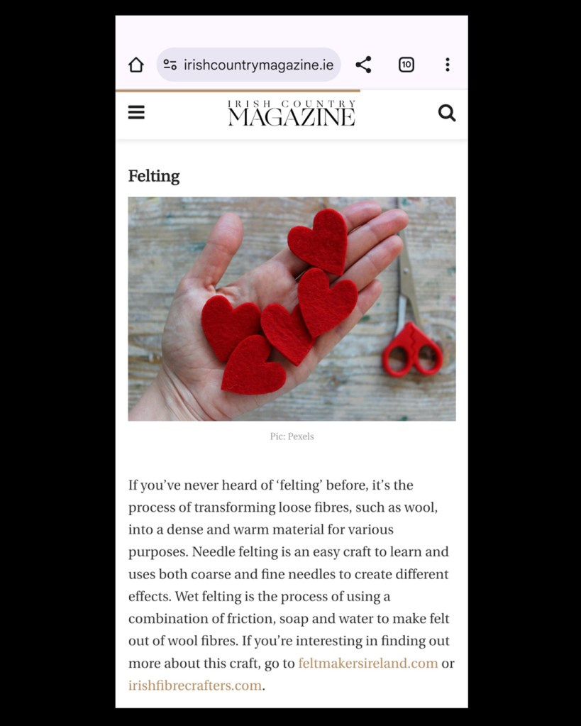 Screenshot of Irish Country Magazine's feature on Felting which is part of an article titled. "5 crafts to try your hand at this spring".