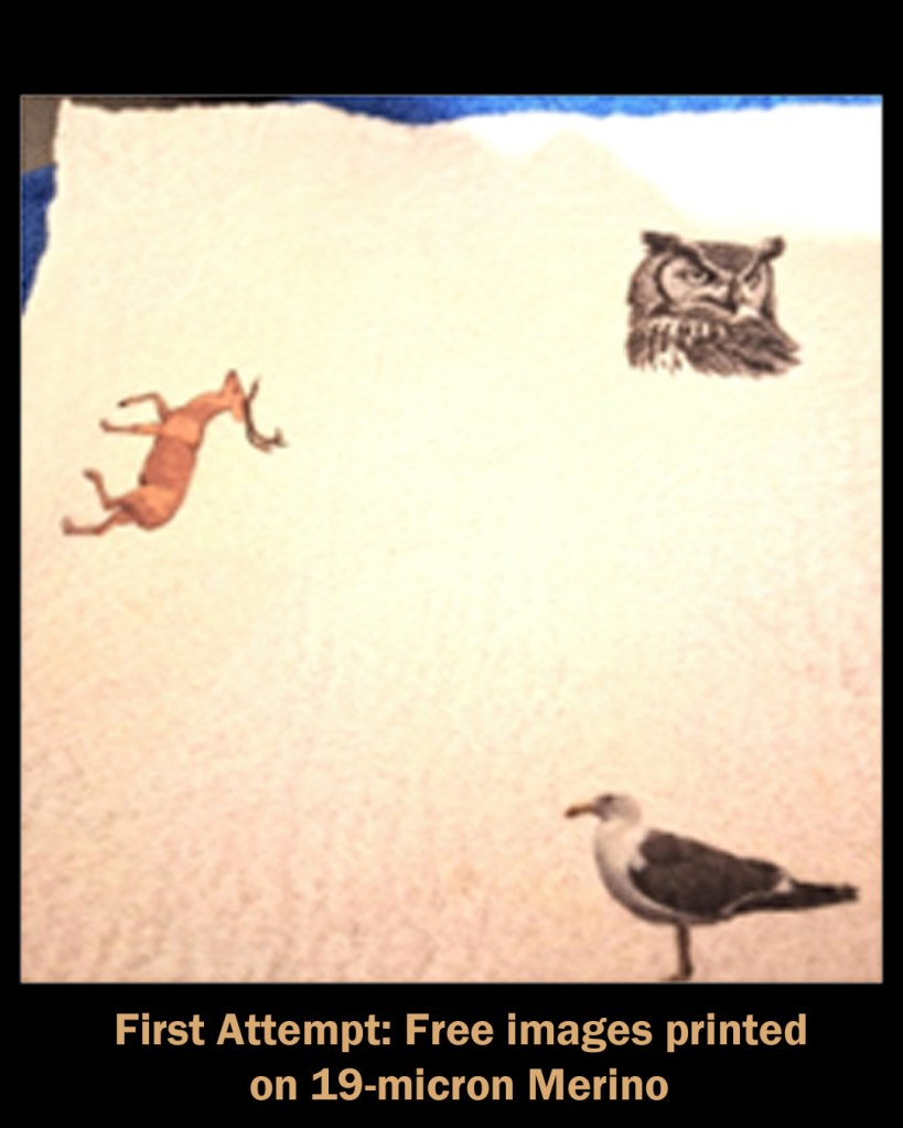 First Attempt: Free images printed on 19-micron Merino - a Seagull, a deer, and an owl.