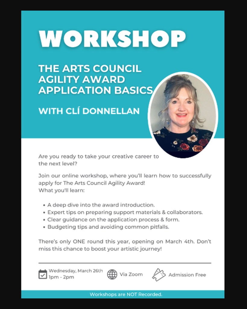 Workshop - The Arts Council Agility Award Application Basics - with Cli Donnellan.