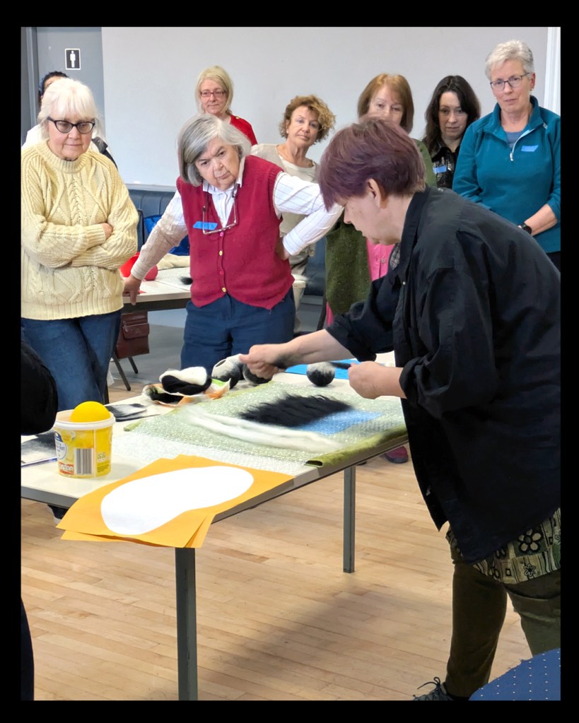 Annika demonstrating layout of Merino wool fibres.
