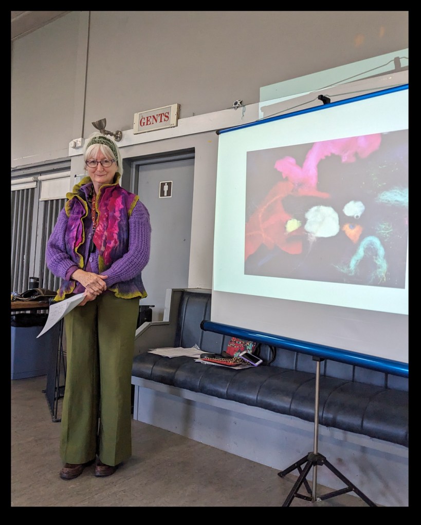 Clodagh wearing her colourful, hand-felted vest pictured next to a photo from her teaching years.