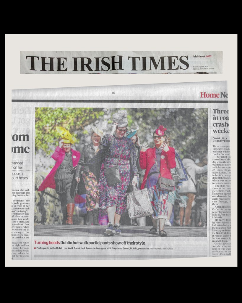 Photograph by Tom Honan featured on page 3 of the Irish Times for the Dublin Hat Walk in 2024