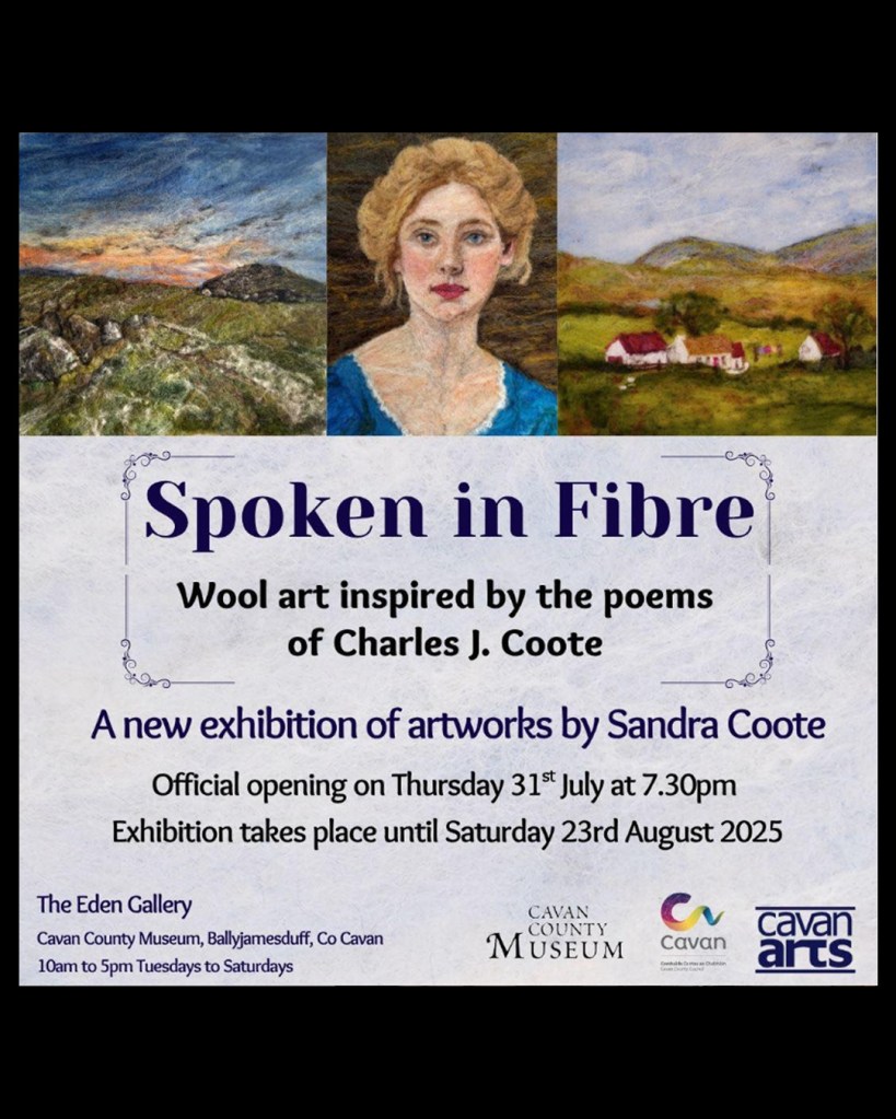 Poster for Sandra Coote's exhibition - Spoken in fibre -features two landscapes and a portrait